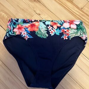 Tommy Bahama Navy Tummy Control Bikini Bottom with Tropical Floral Band- L